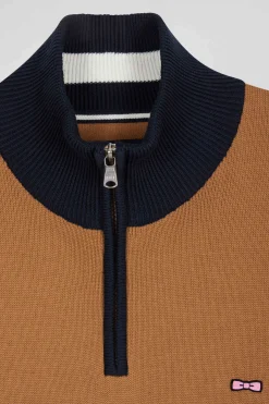 Regular camel embroidered semi-zipped colorblock cotton jumper