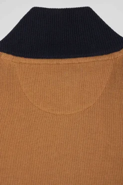 Regular camel embroidered semi-zipped colorblock cotton jumper