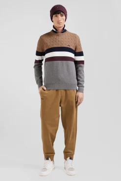 Regular camel fancy knit cotton crew neck jumper