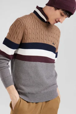 Regular camel fancy knit cotton crew neck jumper