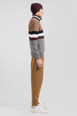 Regular camel fancy knit cotton crew neck jumper