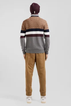 Regular camel fancy knit cotton crew neck jumper