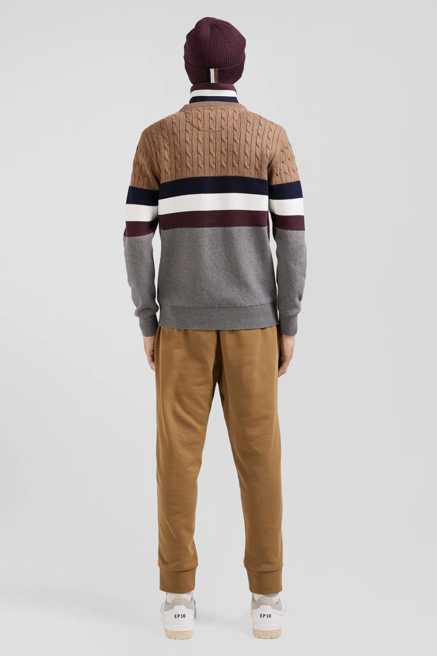 Regular camel fancy knit cotton crew neck jumper