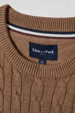 Regular camel fancy knit cotton crew neck jumper