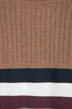 Regular camel fancy knit cotton crew neck jumper