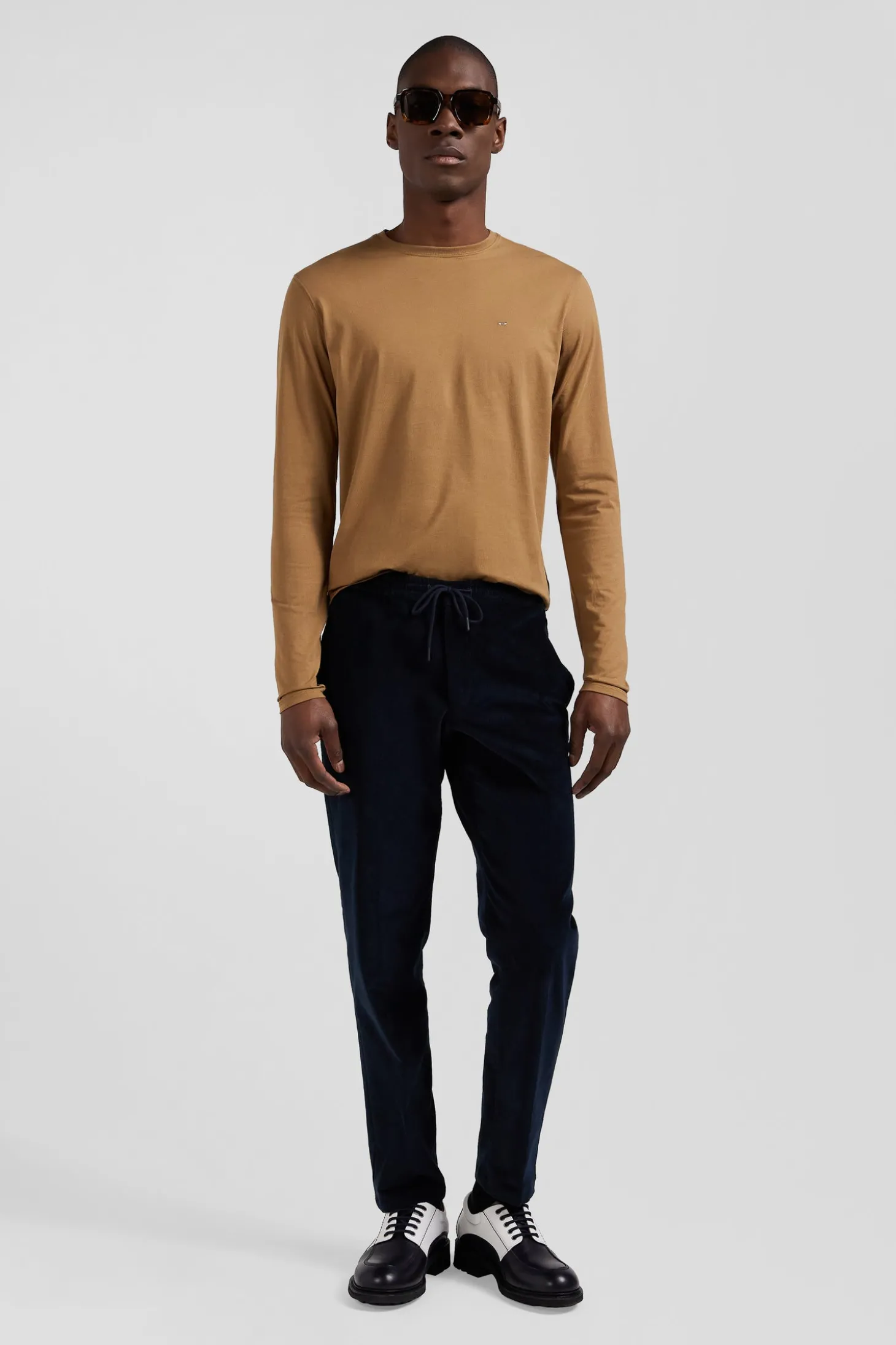 Regular camel long-sleeved cotton T-shirt
