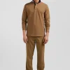 Regular camel long-sleeved cotton piqué polo shirt with striped collar