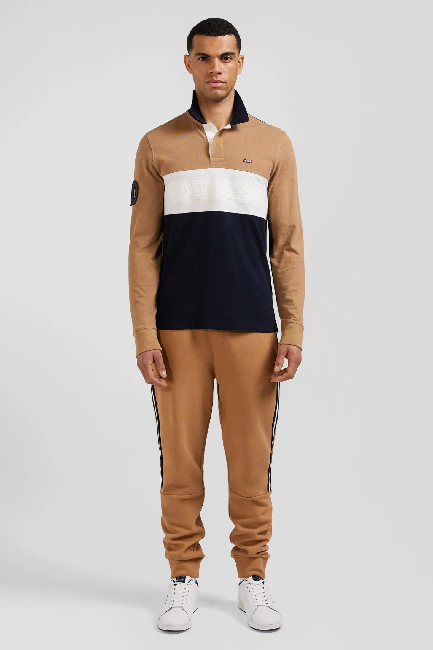 Regular camel long-sleeved cotton piqué polo shirt with padded embroidery