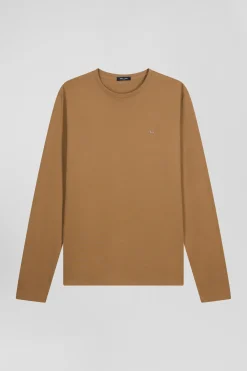 Regular camel long-sleeved cotton T-shirt