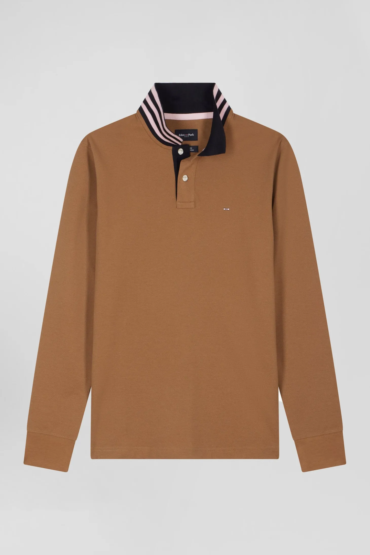 Regular camel long-sleeved cotton piqué polo shirt with striped collar