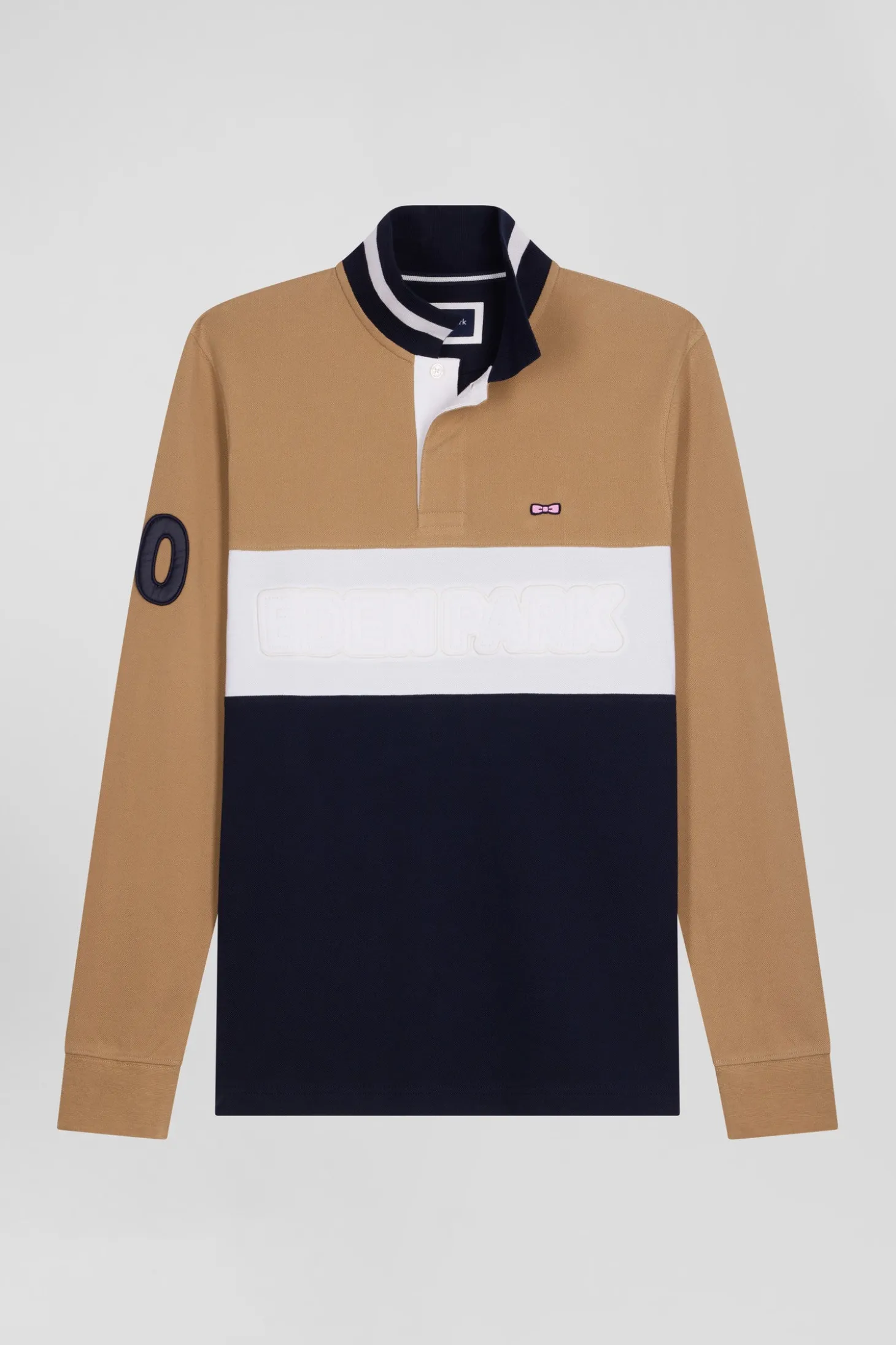 Regular camel long-sleeved cotton piqué polo shirt with padded embroidery