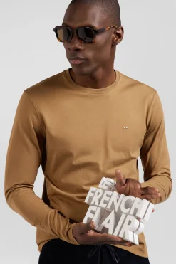Regular camel long-sleeved cotton T-shirt