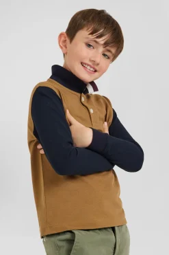 Regular camel long-sleeved cotton piqué polo shirt with tricolour Eden Park jacquard collar