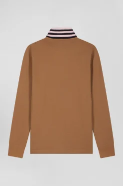 Regular camel long-sleeved cotton piqué polo shirt with striped collar