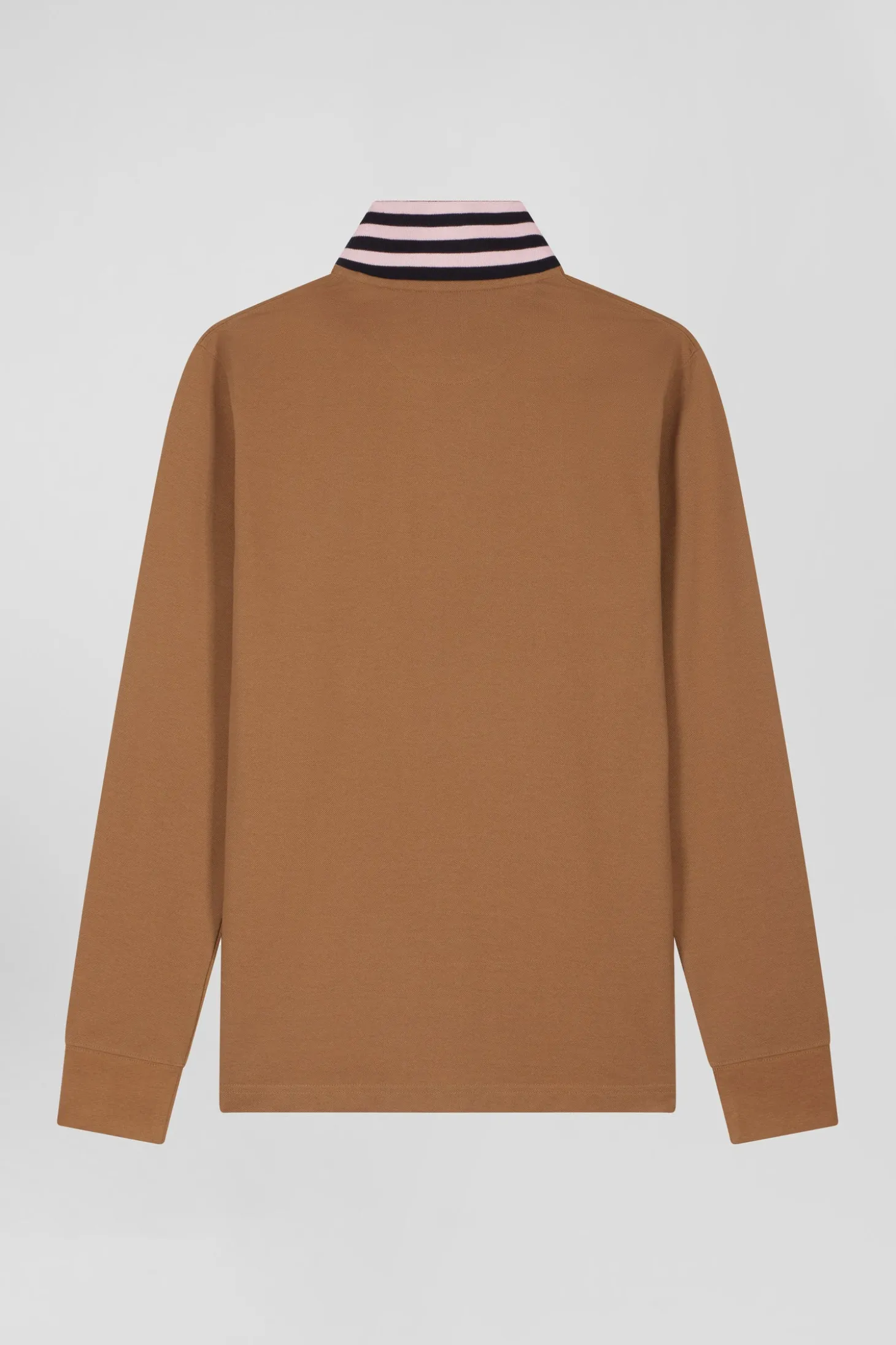 Regular camel long-sleeved cotton piqué polo shirt with striped collar