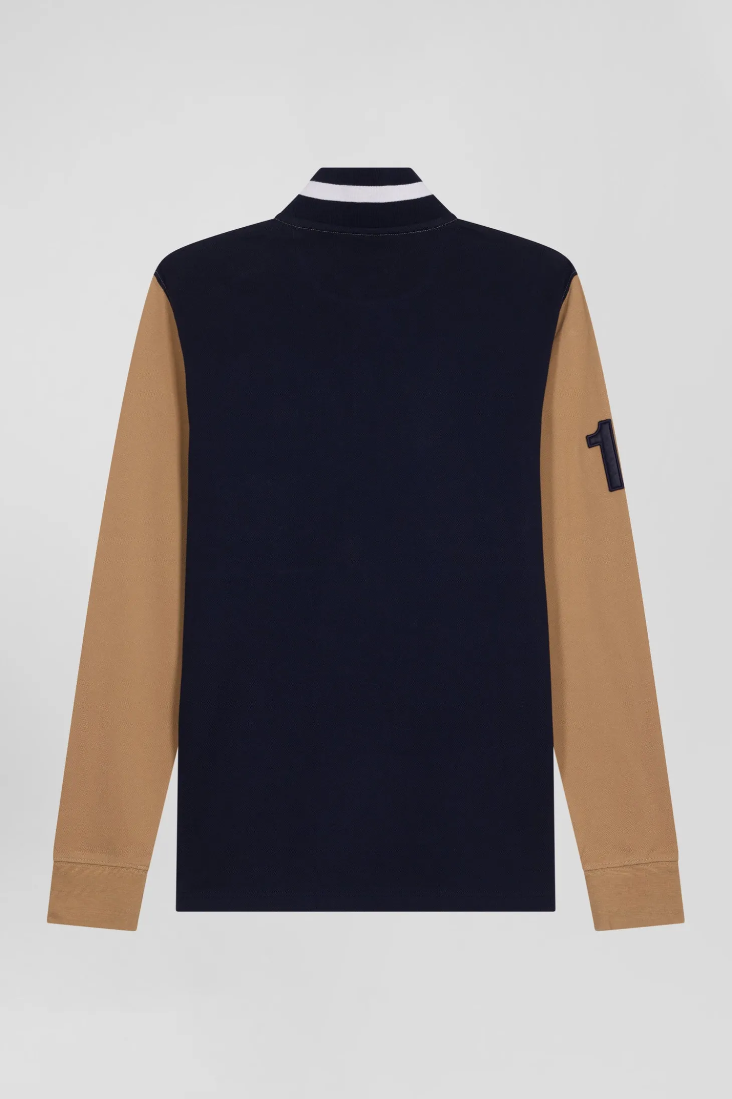 Regular camel long-sleeved cotton piqué polo shirt with padded embroidery