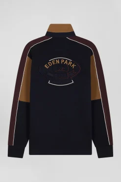 Regular camel long-sleeved cotton rugby shirt with back embroidery and piping