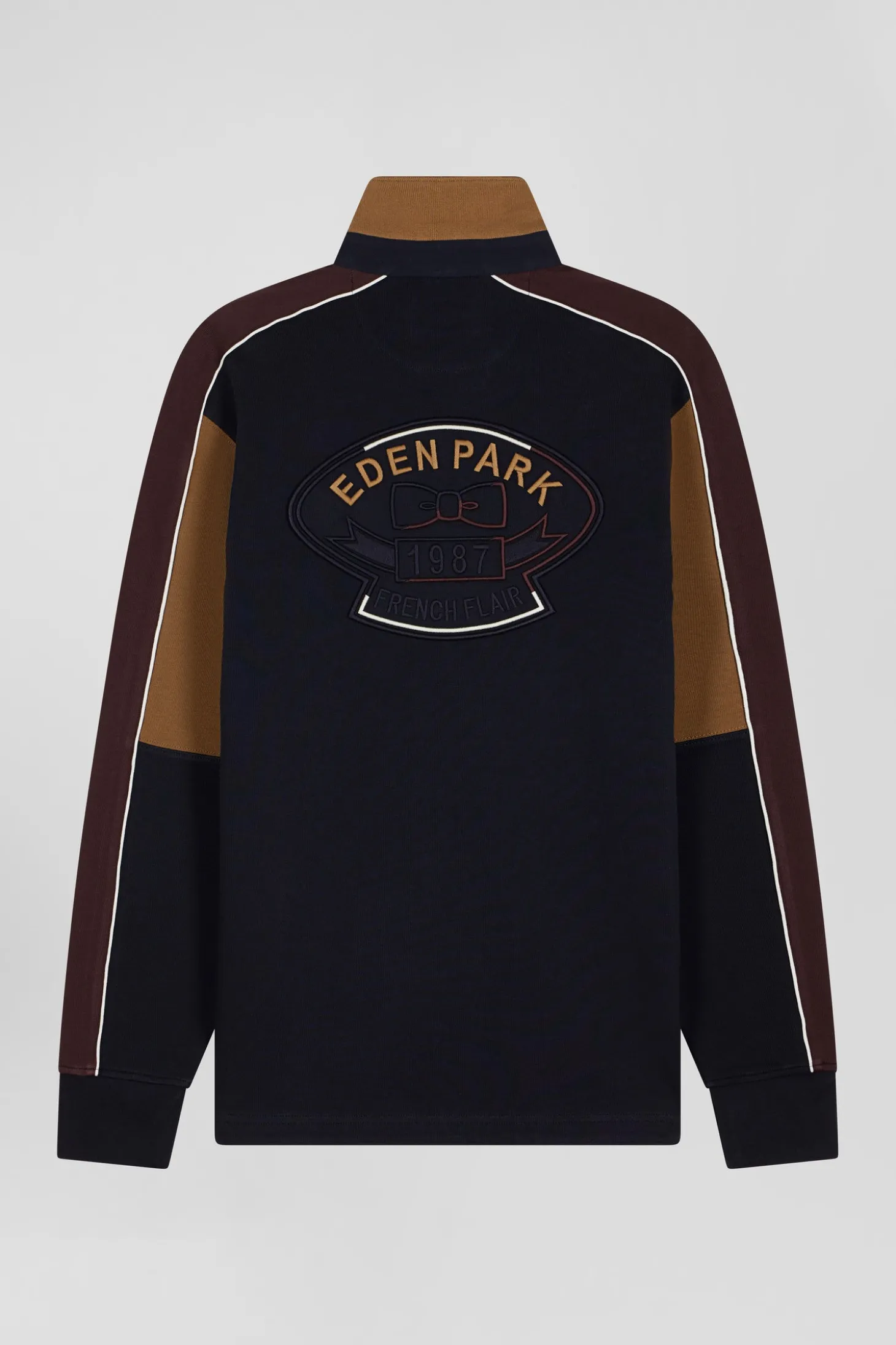 Regular camel long-sleeved cotton rugby shirt with back embroidery and piping