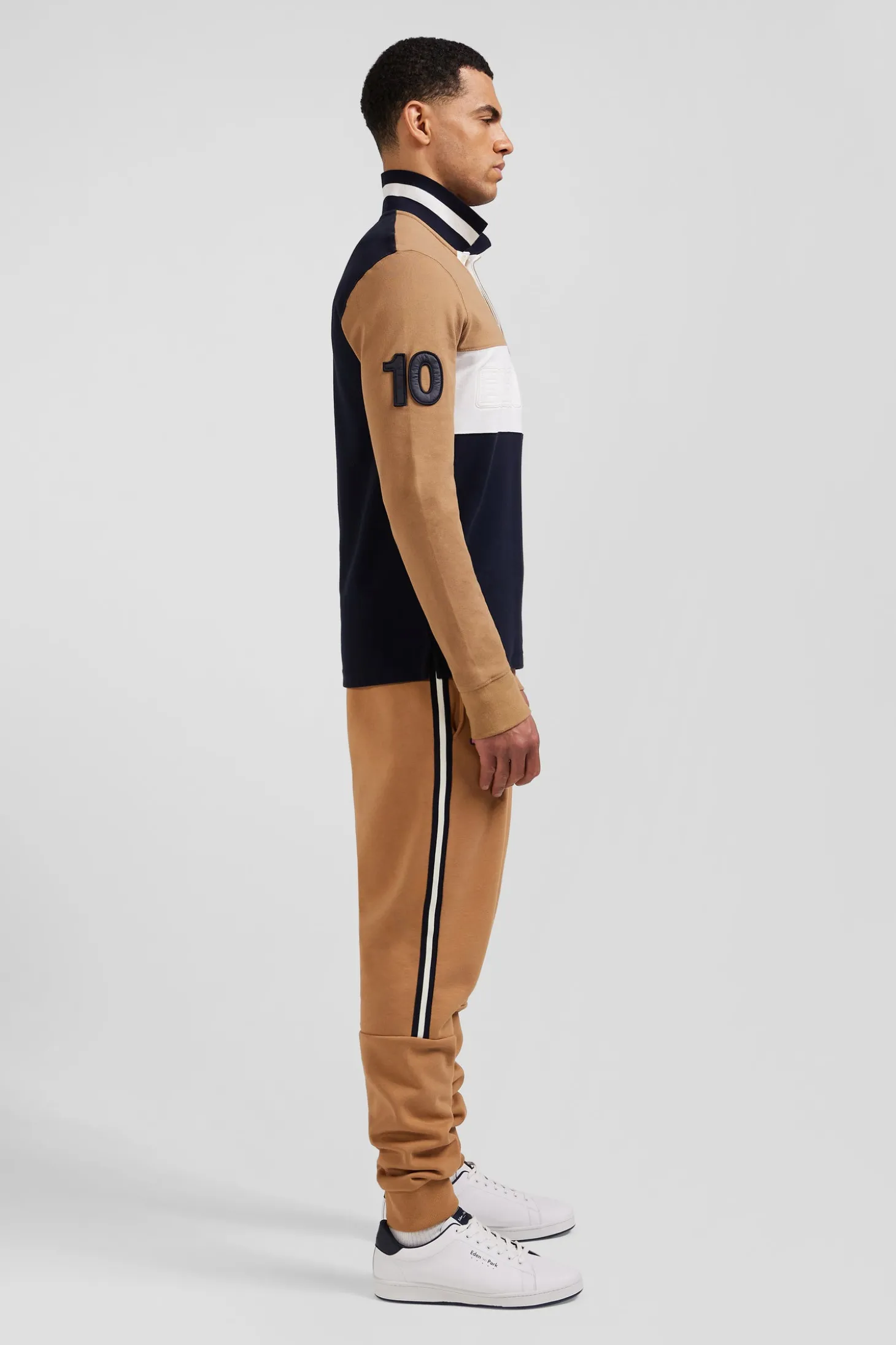 Regular camel long-sleeved cotton piqué polo shirt with padded embroidery