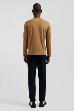 Regular camel long-sleeved cotton T-shirt