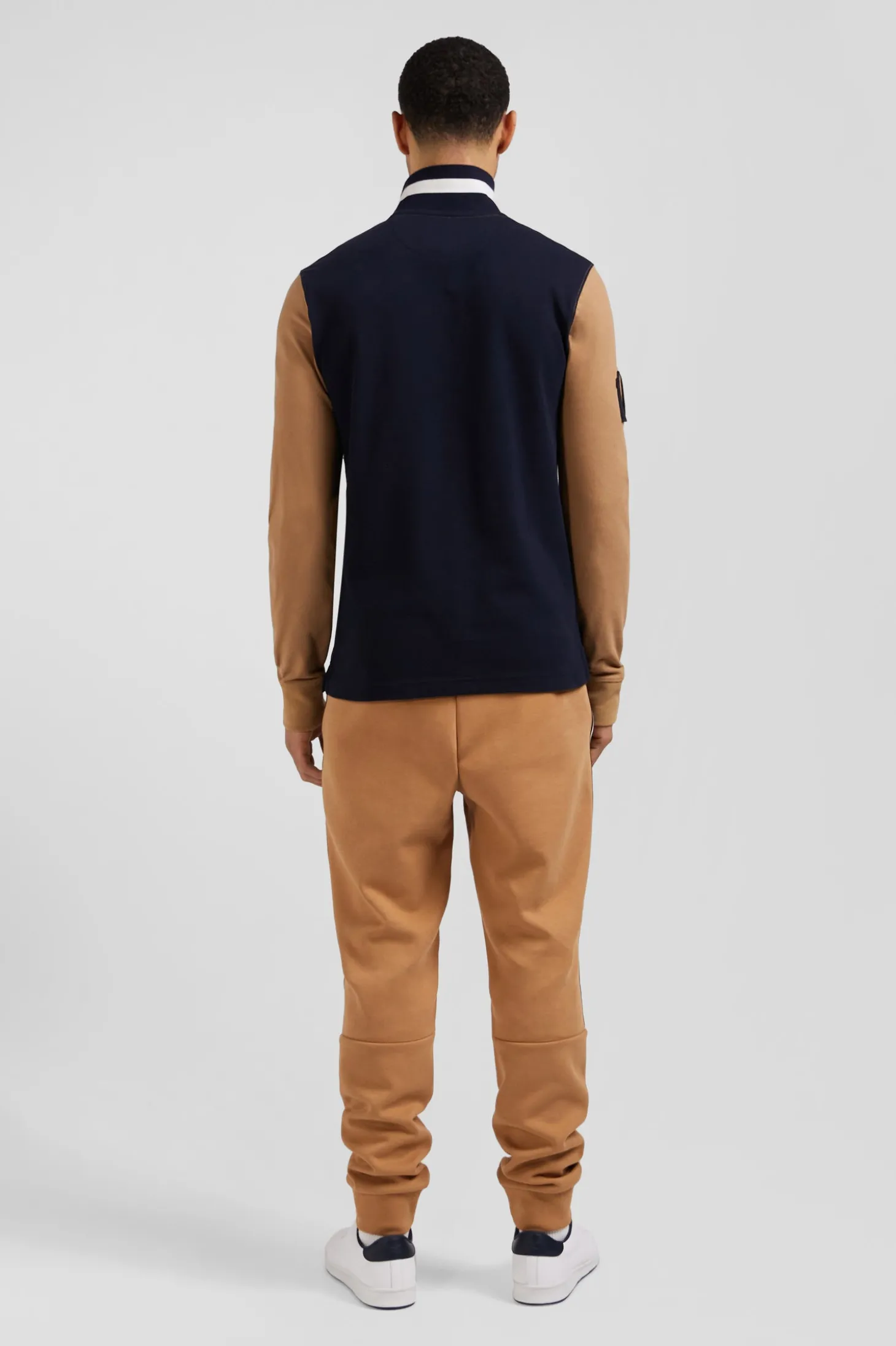 Regular camel long-sleeved cotton piqué polo shirt with padded embroidery