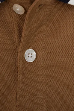 Regular camel long-sleeved cotton piqué polo shirt with tricolour Eden Park jacquard collar