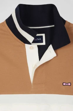 Regular camel long-sleeved cotton piqué polo shirt with padded embroidery