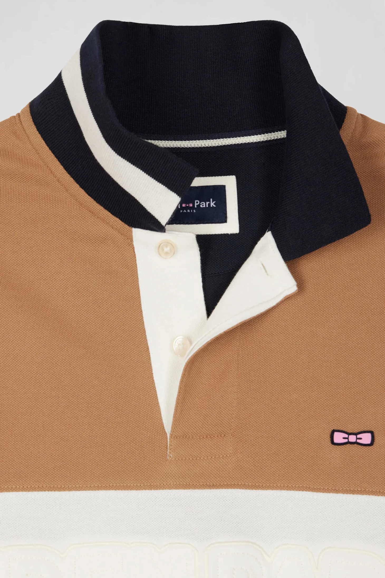 Regular camel long-sleeved cotton piqué polo shirt with padded embroidery