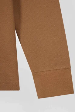 Regular camel long-sleeved cotton piqué polo shirt with striped collar