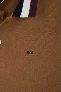 Regular camel long-sleeved cotton piqué polo shirt with tricolour Eden Park jacquard collar