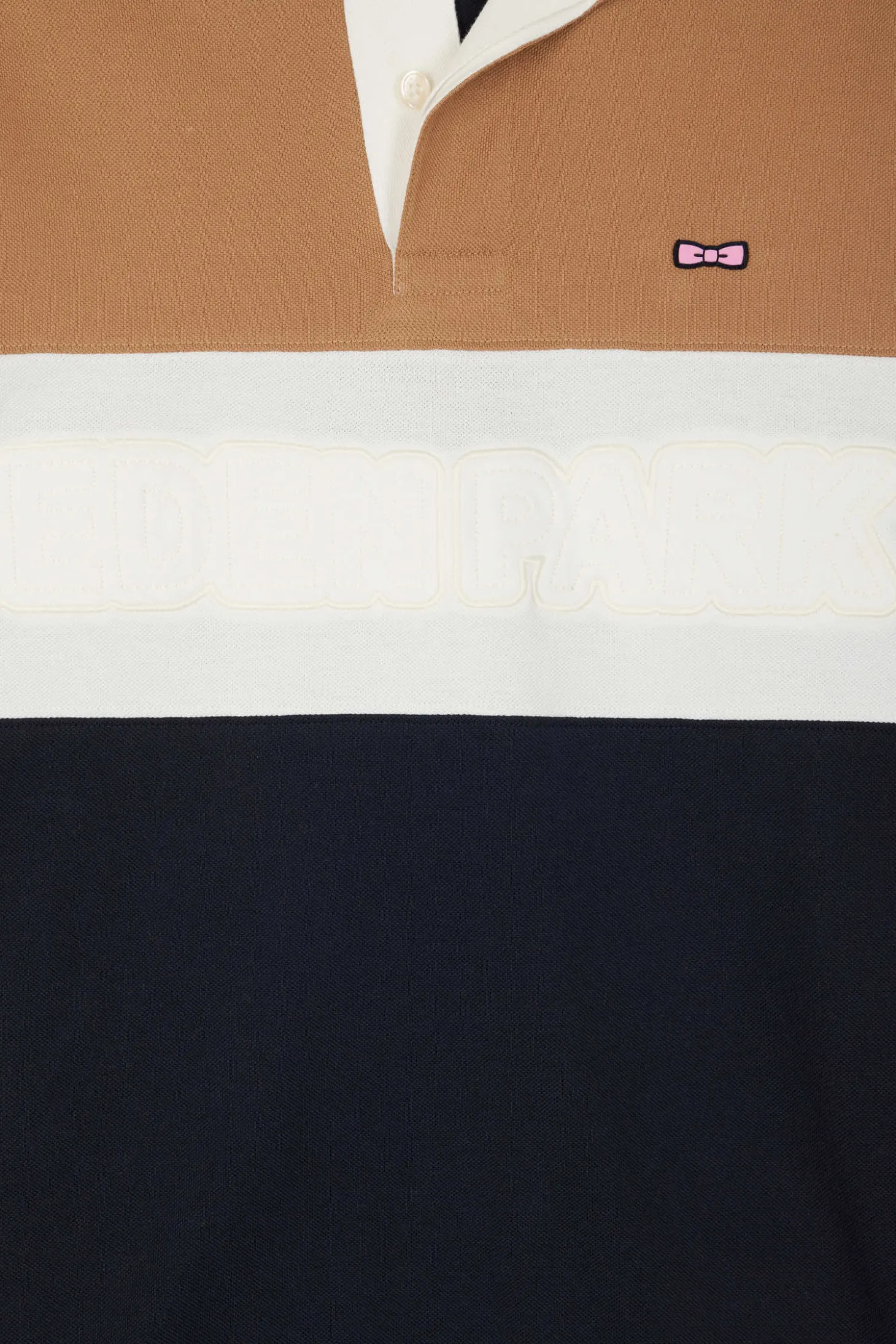 Regular camel long-sleeved cotton piqué polo shirt with padded embroidery