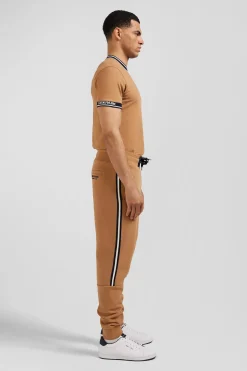 Regular camel mixed cotton jogging bottoms with striped trim
