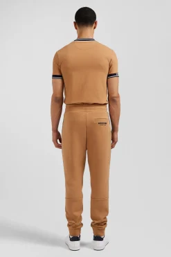 Regular camel mixed cotton jogging bottoms with striped trim