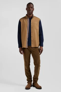 Regular camel pinpoint cotton bicolour shirt with back embroidery