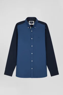 Regular camel pinpoint cotton bicolour shirt with back embroidery