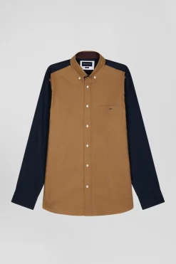 Regular camel pinpoint cotton bicolour shirt with back embroidery