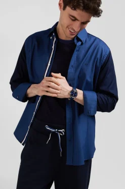 Regular camel pinpoint cotton bicolour shirt with back embroidery