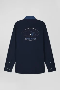 Regular camel pinpoint cotton bicolour shirt with back embroidery
