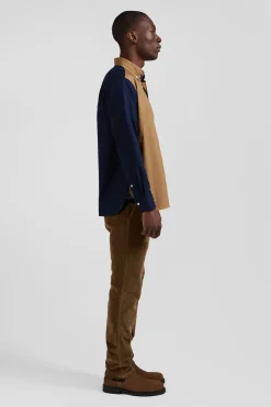 Regular camel pinpoint cotton bicolour shirt with back embroidery