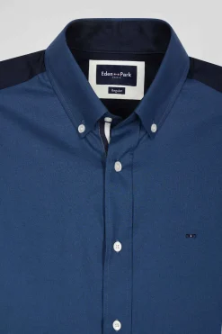 Regular camel pinpoint cotton bicolour shirt with back embroidery