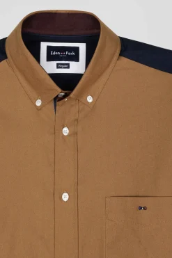 Regular camel pinpoint cotton bicolour shirt with back embroidery