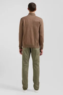 Regular camel plain wool and cotton zipped cardigan