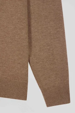 Regular camel plain wool and cotton zipped cardigan