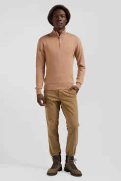 Regular camel semi-zipped wool and cotton jumper