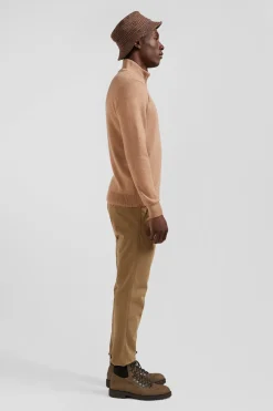 Regular camel semi-zipped wool and cotton jumper