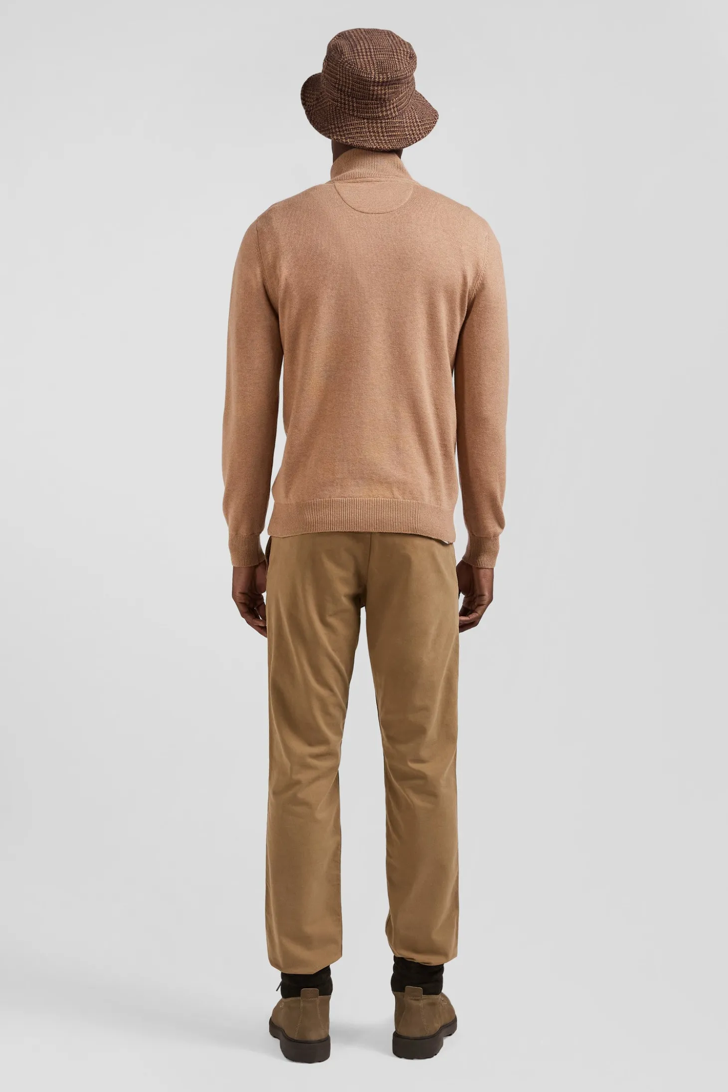 Regular camel semi-zipped wool and cotton jumper