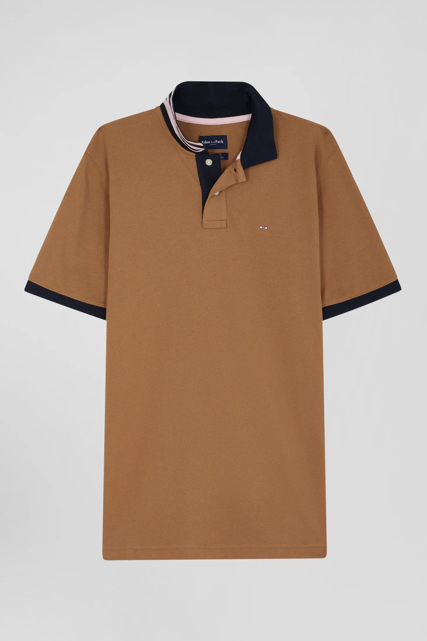Regular camel short-sleeved cotton piqué polo shirt with contrasting details