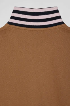 Regular camel short-sleeved cotton piqué polo shirt with contrasting details