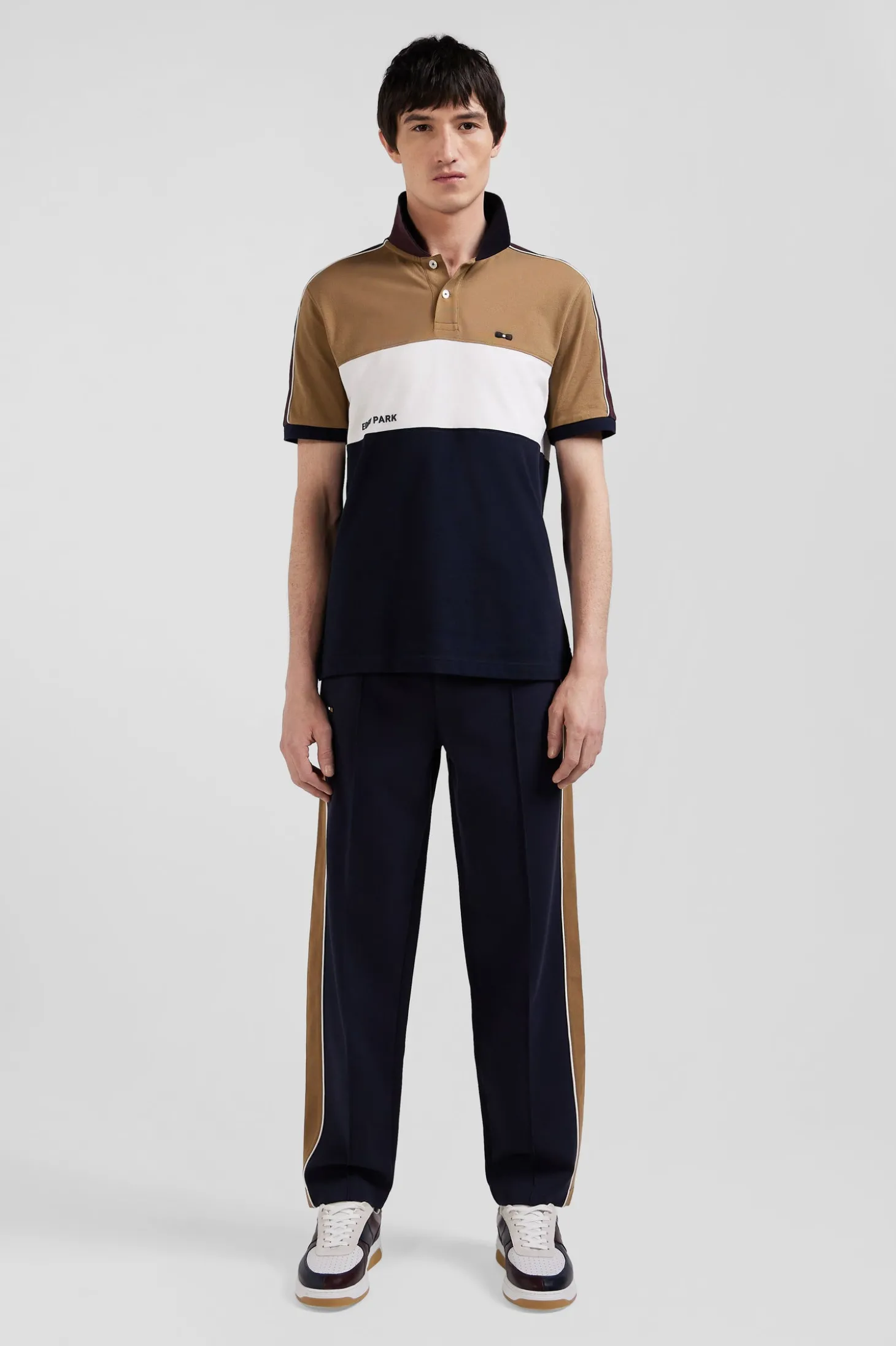 Regular camel tricolor short-sleeved cotton piqué polo shirt with Eden Park lettering
