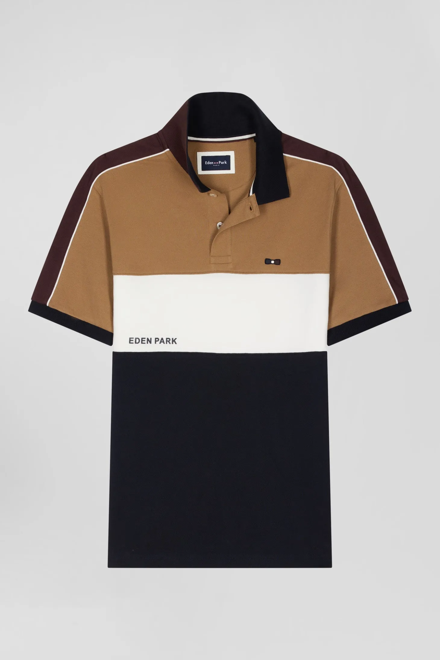 Regular camel tricolor short-sleeved cotton piqué polo shirt with Eden Park lettering